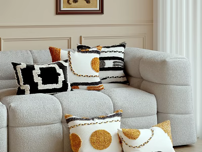 Decorative Throw Pillows With Black White And Orange Patterns On Plush Sofa 3d model