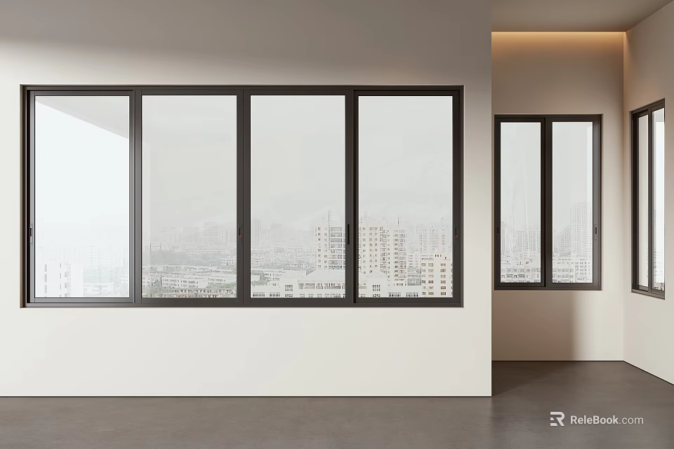 Sleek Floor to Ceiling Windows With City Buildings View And Modern Interior Design 3d model 