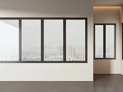 Sleek Floor to Ceiling Windows With City Buildings View And Modern Interior Design 3d model