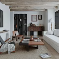 Modern Living Room Interior With White Sofa Wooden Coffee Table Decorative Paintings And Wooden Beams
