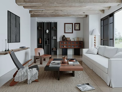 Modern Living Room Interior With White Sofa Wooden Coffee Table Decorative Paintings And Wooden Beams 3d model