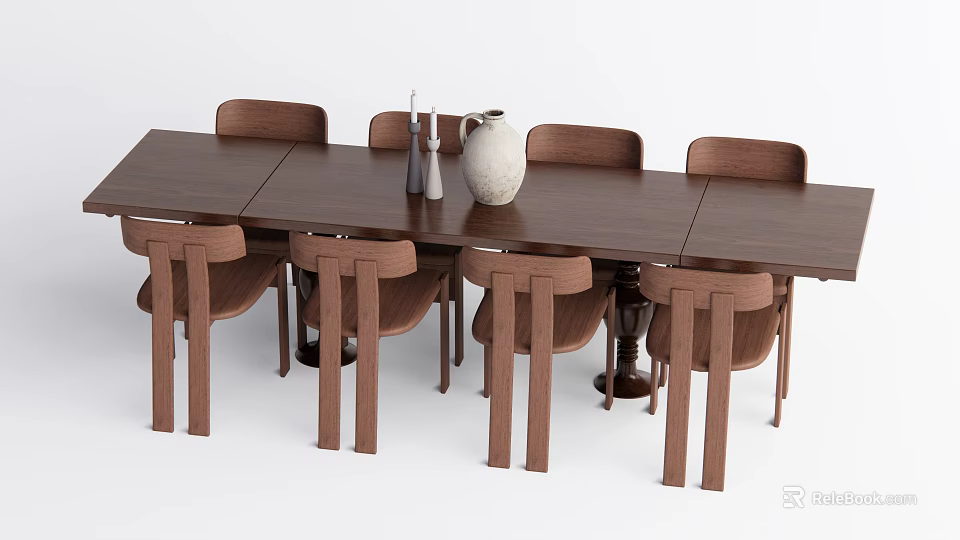 Modern Rectangular Walnut Dining Table Set With Six Chairs And Vase Decor 3d model