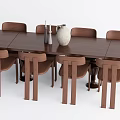 Modern Rectangular Walnut Dining Table Set With Six Chairs And Vase Decor 3d model