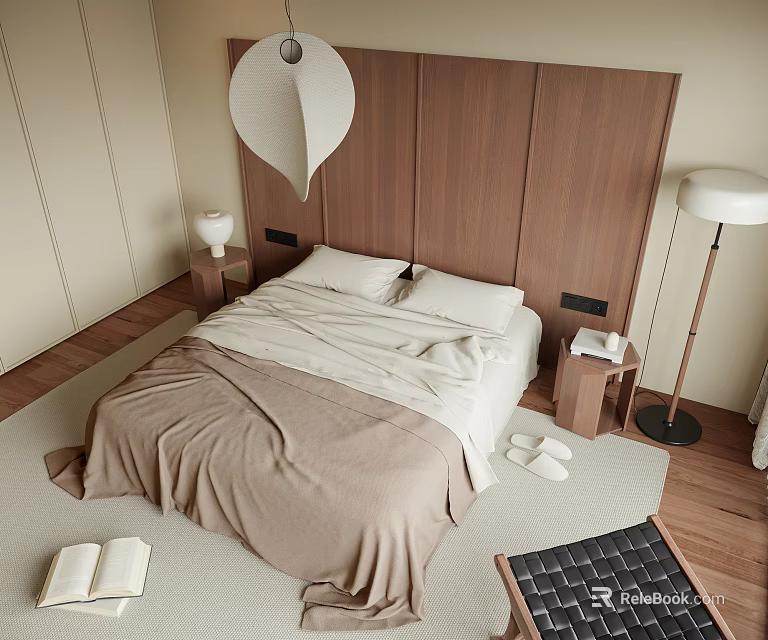 Cozy Minimalist Double Bed With Wooden Headboard Nightstand Floor Lamp Open Book Rug And Slippers 3d model 
