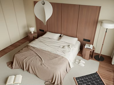 Cozy Minimalist Double Bed With Wooden Headboard Nightstand Floor Lamp Open Book Rug And Slippers 3d model