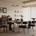 Modern Interior Dining Table Set With Wooden Top Black Chairs And Area Rug