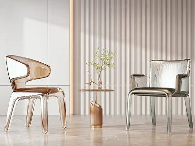 Modern Transparent Brown Silver Chair And Small Table Set With Green Plant In Light Interior 3d model