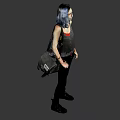 Young Woman With Blue Hair And Glasses Wearing Striped Tank Top Black Pants And Backpack