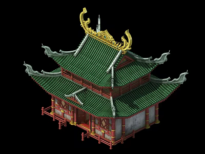 Cartoon Scenic Chinese Traditional Pavilion With Green Roof Red Pillars And Golden Decorations 3d model