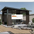 Modern Outdoor Wooden Pergola With Stone Decor Garden Furniture And Green Plants