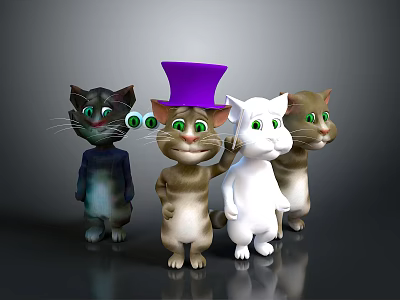 Cute Cartoon Cats With Purple Top Hat Green Big Eyes And Various Colors 3d model
