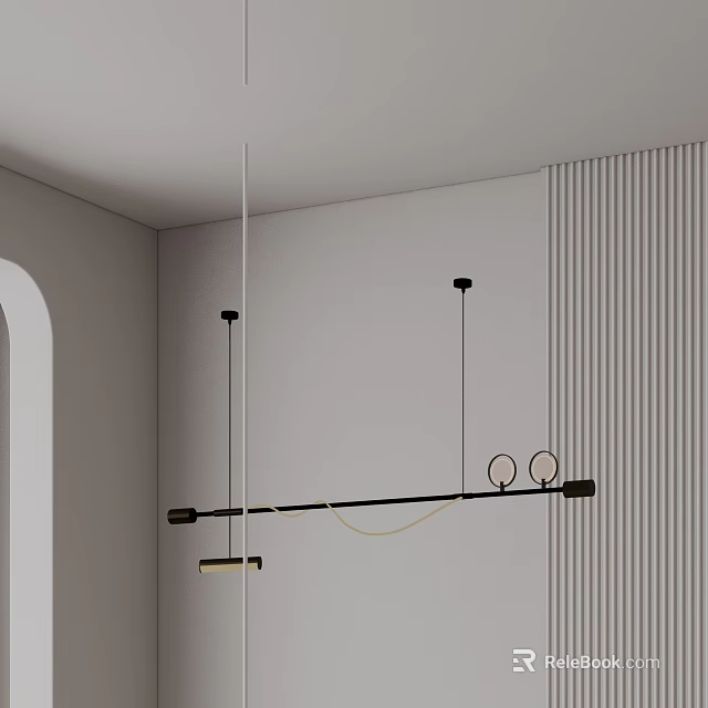 Modern Black Linear Pendant Light With Two Round Bulbs And Vertical Striped Wall 3d model 