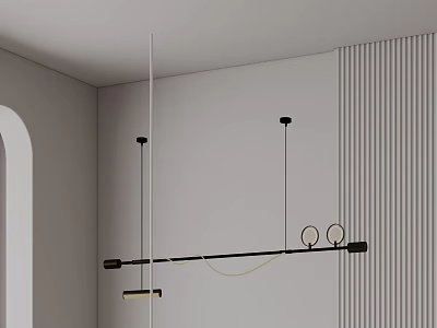 Modern Black Linear Pendant Light With Two Round Bulbs And Vertical Striped Wall 3d model
