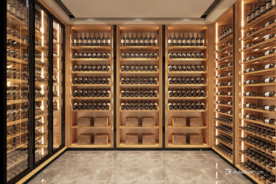 Wine Cellar Interior Design With Wooden Racks Neatly Arranged Wine Bottles And Warm Lighting 3d model 