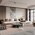 Modern Living Room Interior With Gray Sofa Black Coffee Table Ottoman And Large Decorative Painting