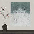 Abstract Green And White Painting With Black Vase And Orange Fruit Branches