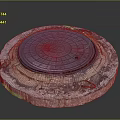 Round Blue Manhole Cover With Grate Design On Concrete Base And Worn Edges