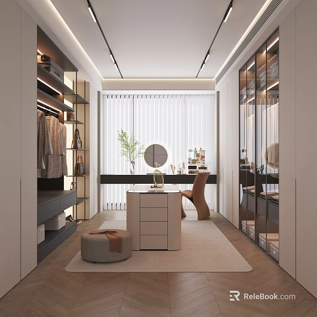 Elegant Walk-in Closet Interior With Mirror Dressing Table And Storage Cabinets 3d model 