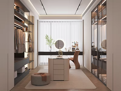 Elegant Walk-in Closet Interior With Mirror Dressing Table And Storage Cabinets 3d model