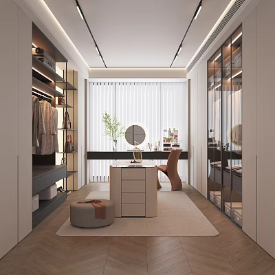 Elegant Walk-in Closet Interior With Mirror Dressing Table And Storage Cabinets 3d model