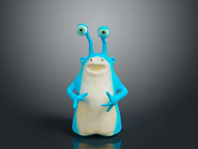 Cute Blue Cartoon Character Creature With Big Eyes Antennae And White Belly Standing 3d model