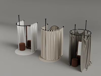 Three Circular Curtained Structures With Arched Frames And Brown Stools In Gray Background 3d model