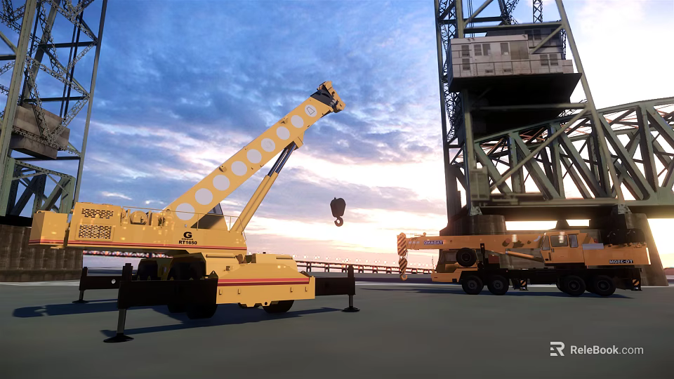 Yellow Crane And Heavy Duty Construction Vehicles At Industrial Site 3d model 