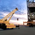 Yellow Crane And Heavy Duty Construction Vehicles At Industrial Site