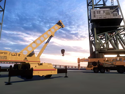 Yellow Crane And Heavy Duty Construction Vehicles At Industrial Site 3d model