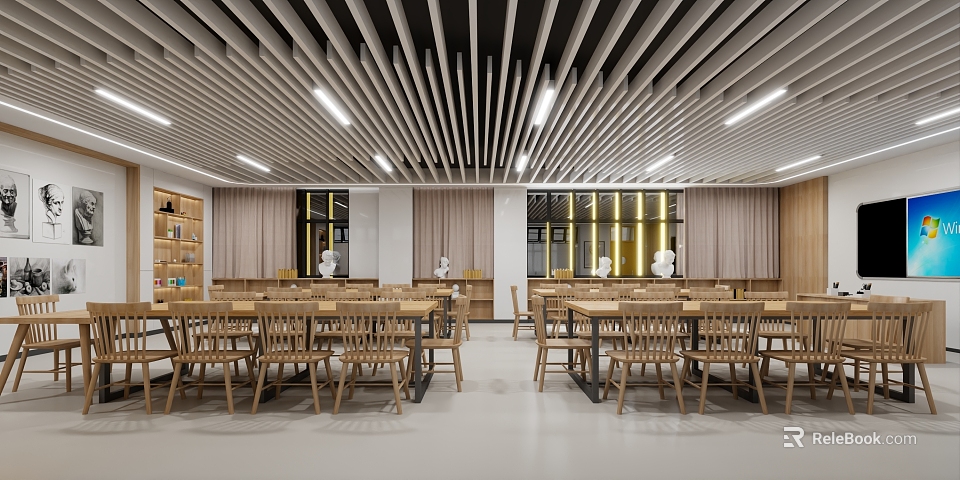 School Dining Area With Wooden Tables Chairs And Shelves 3d model 