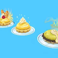Three Different Decorated Dessert Tarts on Blue Background with Cartoon Style and Unique Toppings