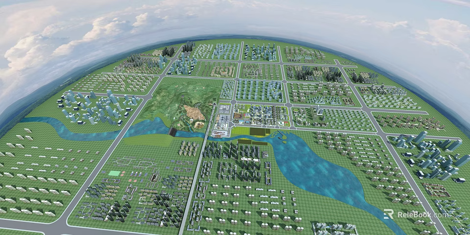 Aerial View Urban Planning Layout With Green Spaces Water Bodies Road Networks And Residential Zones 3d model 