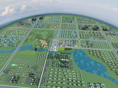 Aerial View Urban Planning Layout With Green Spaces Water Bodies Road Networks And Residential Zones 3d model