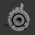 Futuristic Mechanical Device With Gray Body Green Screen Yellow Control Panel Red Wires And Wheels