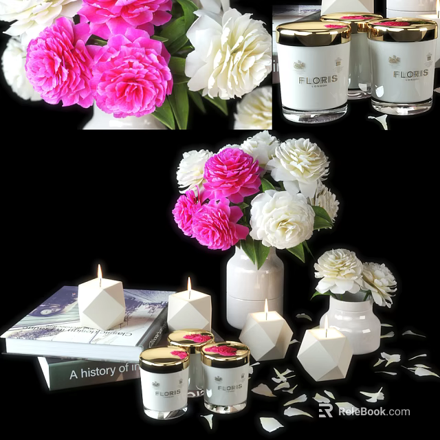 Decorative Ornament Set With Pink White Peonies Ceramic Vases Geometric Candles And Books 3d model 