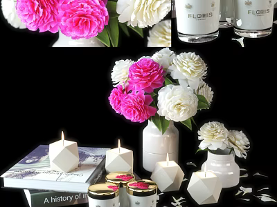 Decorative Ornament Set With Pink White Peonies Ceramic Vases Geometric Candles And Books 3d model