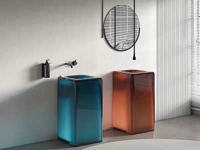 Modern Design Blue And Orange Freestanding Washbasins With Black Faucet And Round Mirror 3d model