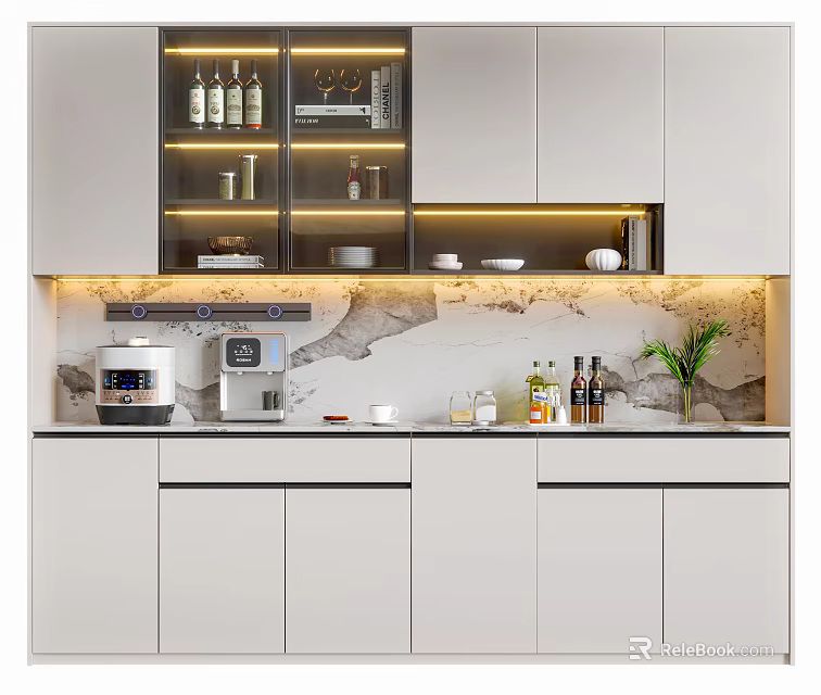 Modern Kitchen Wine Cabinet With White Cabinets Marble Backsplash And Built in LED Lighting 3d model