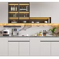 Modern Kitchen Wine Cabinet With White Cabinets Marble Backsplash And Built in LED Lighting 3d model