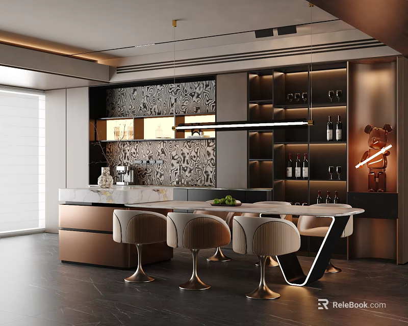 Elegant Modern Restaurant Interior Featuring Bar Counter Stools Decorative Wall And Wine Racks 3d model 