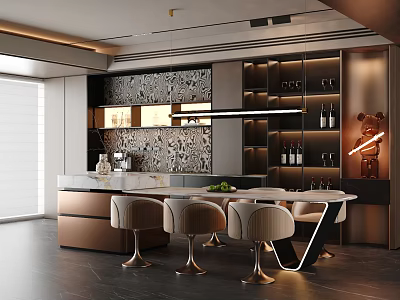 Elegant Modern Restaurant Interior Featuring Bar Counter Stools Decorative Wall And Wine Racks 3d model
