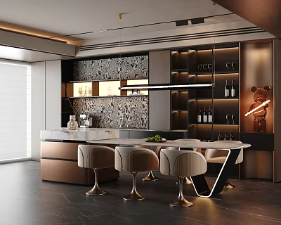 Elegant Modern Restaurant Interior Featuring Bar Counter Stools Decorative Wall And Wine Racks 3d model