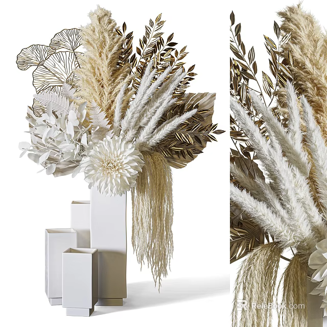 Modern White Vases With Dried Flowers And Golden Leaf Decor 3d model 