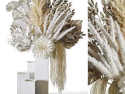 Modern White Vases With Dried Flowers And Golden Leaf Decor 3d model