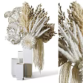 Modern White Vases With Dried Flowers And Golden Leaf Decor