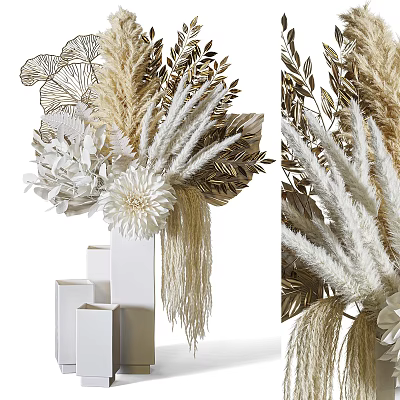 Modern White Vases With Dried Flowers And Golden Leaf Decor 3d model