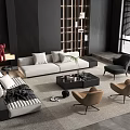 Modern Elegant Sofa And Coffee Table Set With Gray Sofa Black Table Brown Chairs Rug 3d model