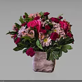 Flower Bouquet With Red Pink Flowers Green Leaves In Pink Square Vase On Dark Background