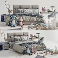 Children's Bed With Gray Bedding Stuffed Raccoon Toy Building Blocks And Side Table