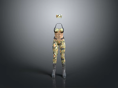 Stylish Camouflage Outfit With Cami Top Pants Hat And Gray Boots 3d model